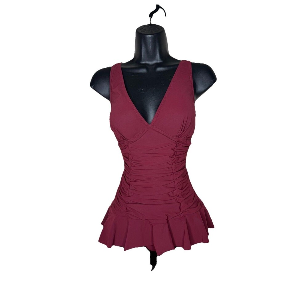 Profile by Gottex Origami Pleated Ruching V-Neck Swimdress Tank 6 Berry swimsuit